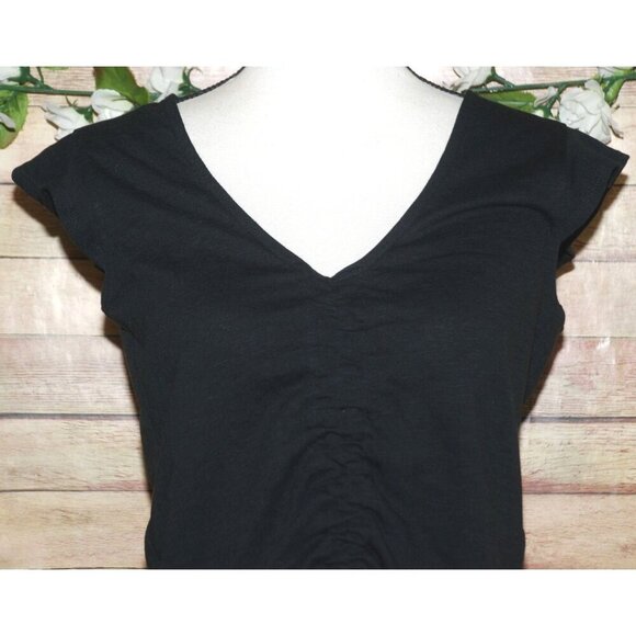 Roxy Black Cropped Knit Rib Top Size L Short Ruffle Sleeve Ruched Tie Up V-Neck - Picture 3 of 11